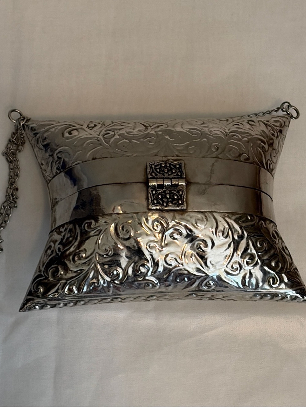 Silver-Tone Metal Embossed Pillow Purse with Chain 5x7”